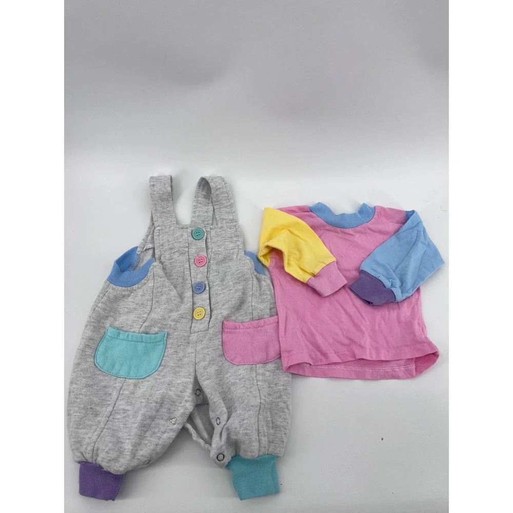 Vintage 90's Colorblock 2 Piece Overalls and Shirt Set Gray Pink 9M  Retro